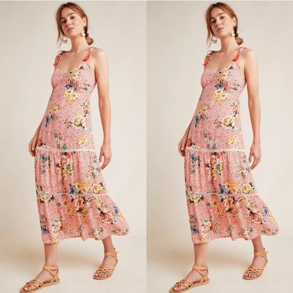 Farm Rio Anthropologie Tie Shoulder Tiered Boho Verbena Midi Dress XS